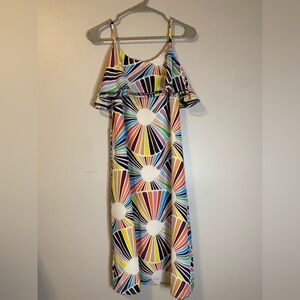 Trina Turk 100% Silk Cold Shoulder Ruffle Midi Dress Sunburst Print Size 8